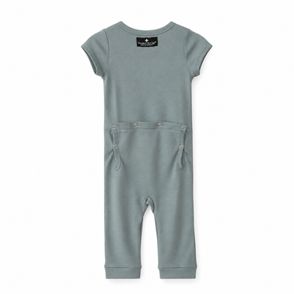 Modern Burlap organic short sleeve Explorer Back jumpsuit in Tradewinds, back studio view with snap opening