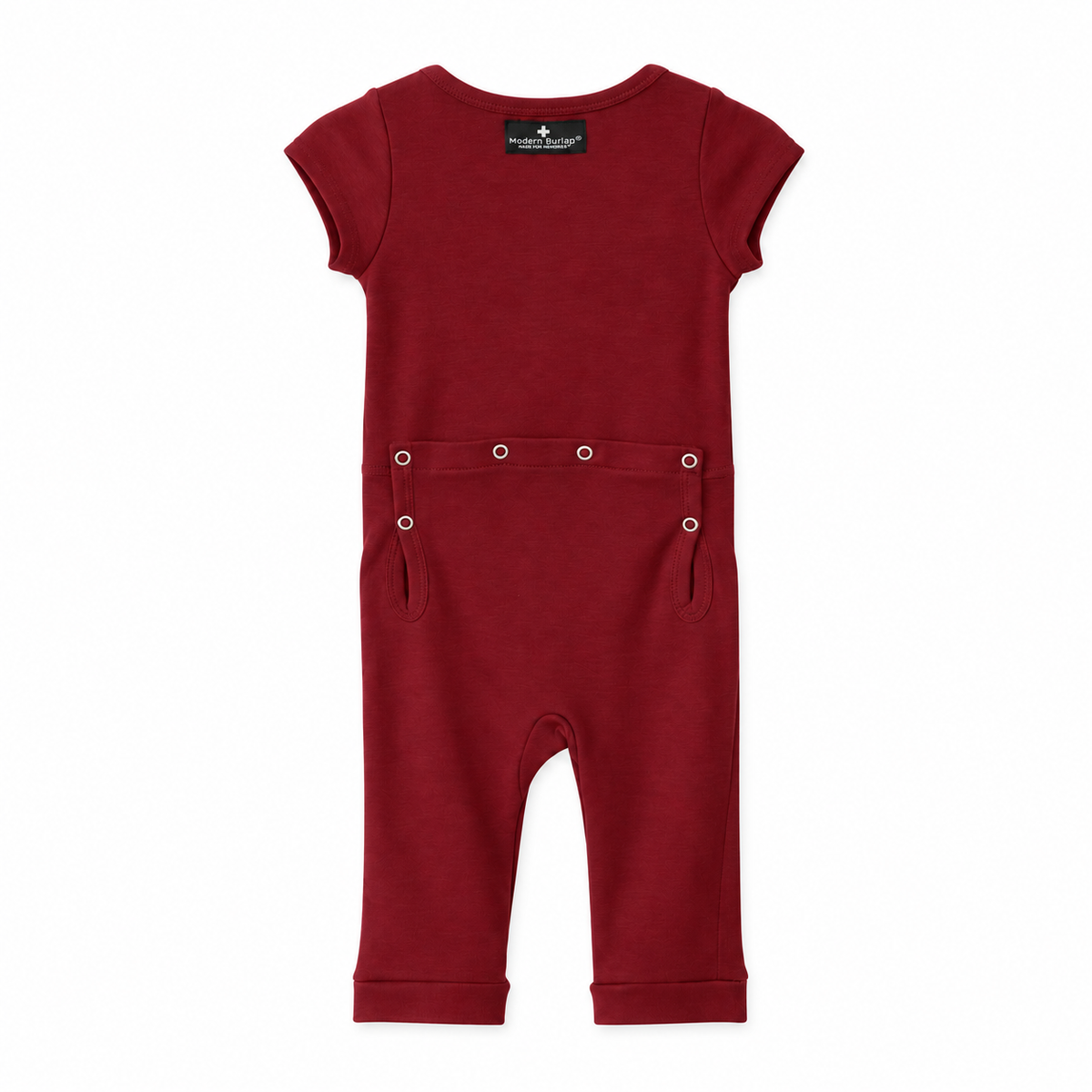 Modern Burlap organic short sleeve Explorer Back jumpsuit in Maroon, back studio view with snap opening