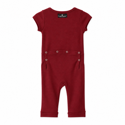 Modern Burlap organic short sleeve Explorer Back jumpsuit in Maroon, back studio view with snap opening