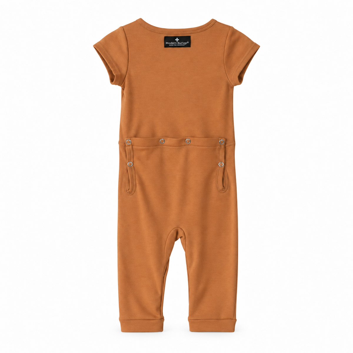 Modern Burlap organic short sleeve Explorer Back jumpsuit in Ginger, back studio view with snap opening