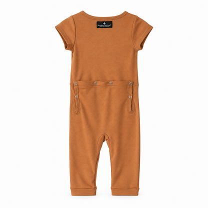 Modern Burlap organic short sleeve Explorer Back jumpsuit in Ginger, back studio view with snap opening