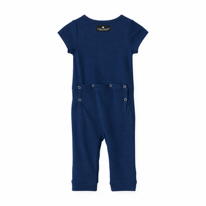 Modern Burlap organic short sleeve Explorer Back jumpsuit in Navy Peony, back studio view with snap opening