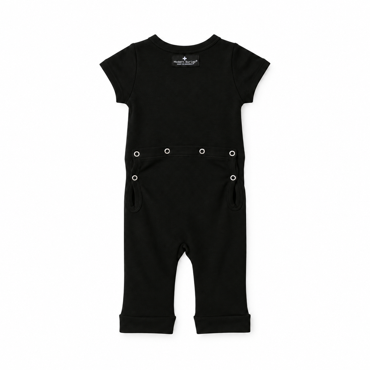 Modern Burlap organic short sleeve Explorer Back jumpsuit in Black, back studio view with snap opening