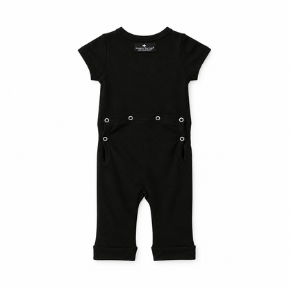 Modern Burlap organic short sleeve Explorer Back jumpsuit in Black, back studio view with snap opening