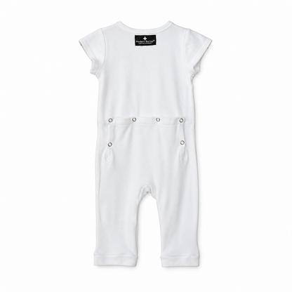 Modern Burlap organic short sleeve Explorer Back jumpsuit in White, back studio view with snap opening