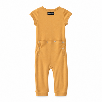Modern Burlap organic short sleeve Explorer Back jumpsuit in Honey, back studio view with snap opening
