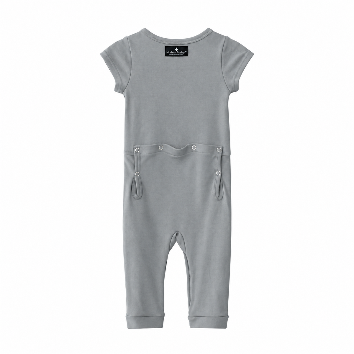 Modern Burlap organic short sleeve Explorer Back jumpsuit in Neutral Gray, back studio view with snap opening