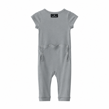 Modern Burlap organic short sleeve Explorer Back jumpsuit in Neutral Gray, back studio view with snap opening