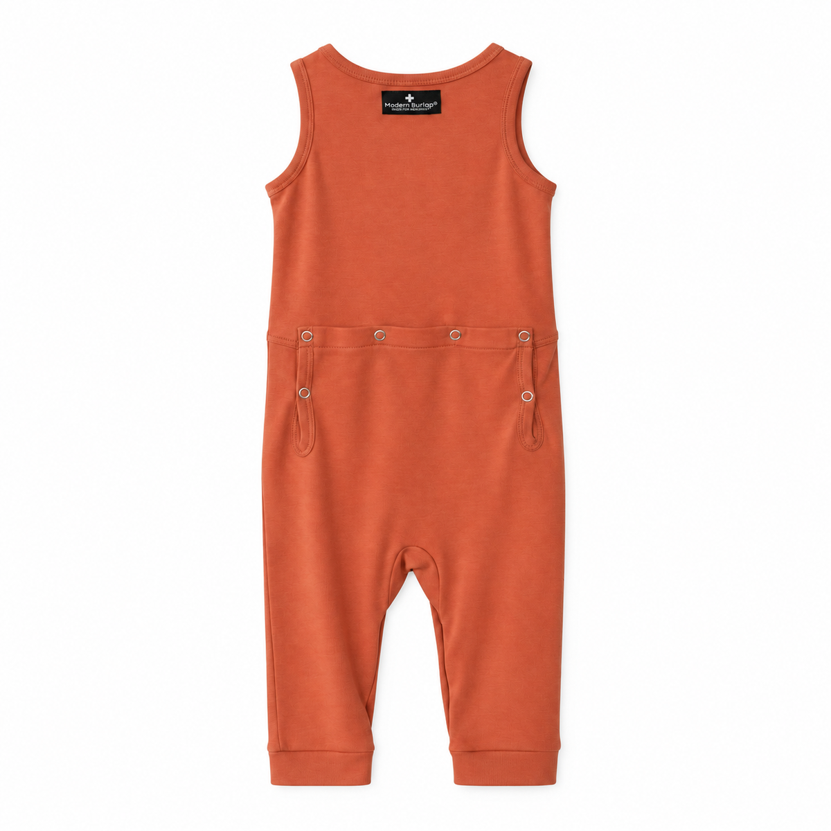 Modern Burlap organic tank Explorer Back jumpsuit in Aragon, back studio view with snap opening