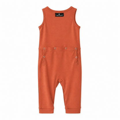 Modern Burlap organic tank Explorer Back jumpsuit in Aragon, back studio view with snap opening