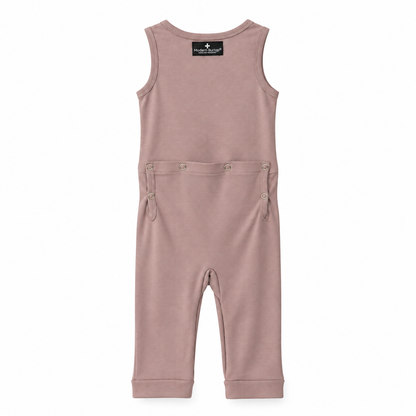 Modern Burlap organic tank Explorer Back jumpsuit in Mauve, back studio view with snap opening