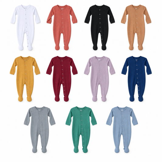 Eleven organic Explorer Back footie colors at matching scale: White, Aragon, Black, Ginger, Honey, Maroon, Mauve, Navy Peony, Neutral Gray, Pine Green and Tradewinds.