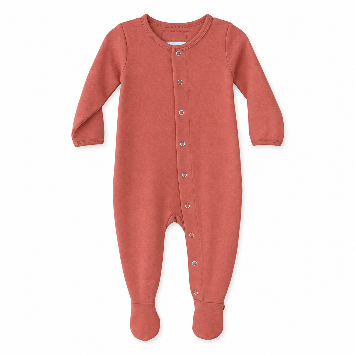 Modern Burlap organic Explorer baby footie in Aragon, full front studio view