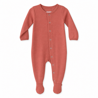 Modern Burlap organic Explorer baby footie in Aragon, full front studio view