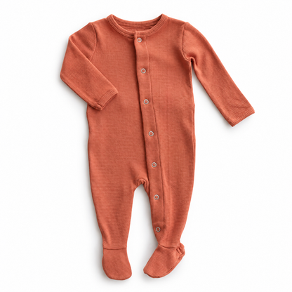 Modern Burlap organic thermal Explorer baby footie in Aragon, full front studio view