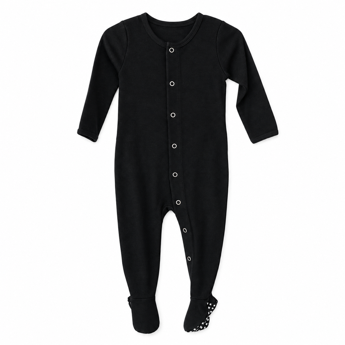 Modern Burlap organic Explorer baby footie in Black, full front studio view