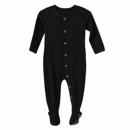Modern Burlap organic Explorer baby footie in Black, full front studio view