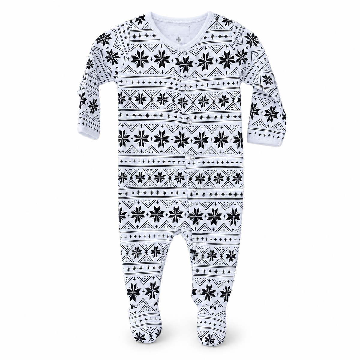 Modern Burlap organic Explorer baby footie in Black on White Nordic Winter, full front studio view