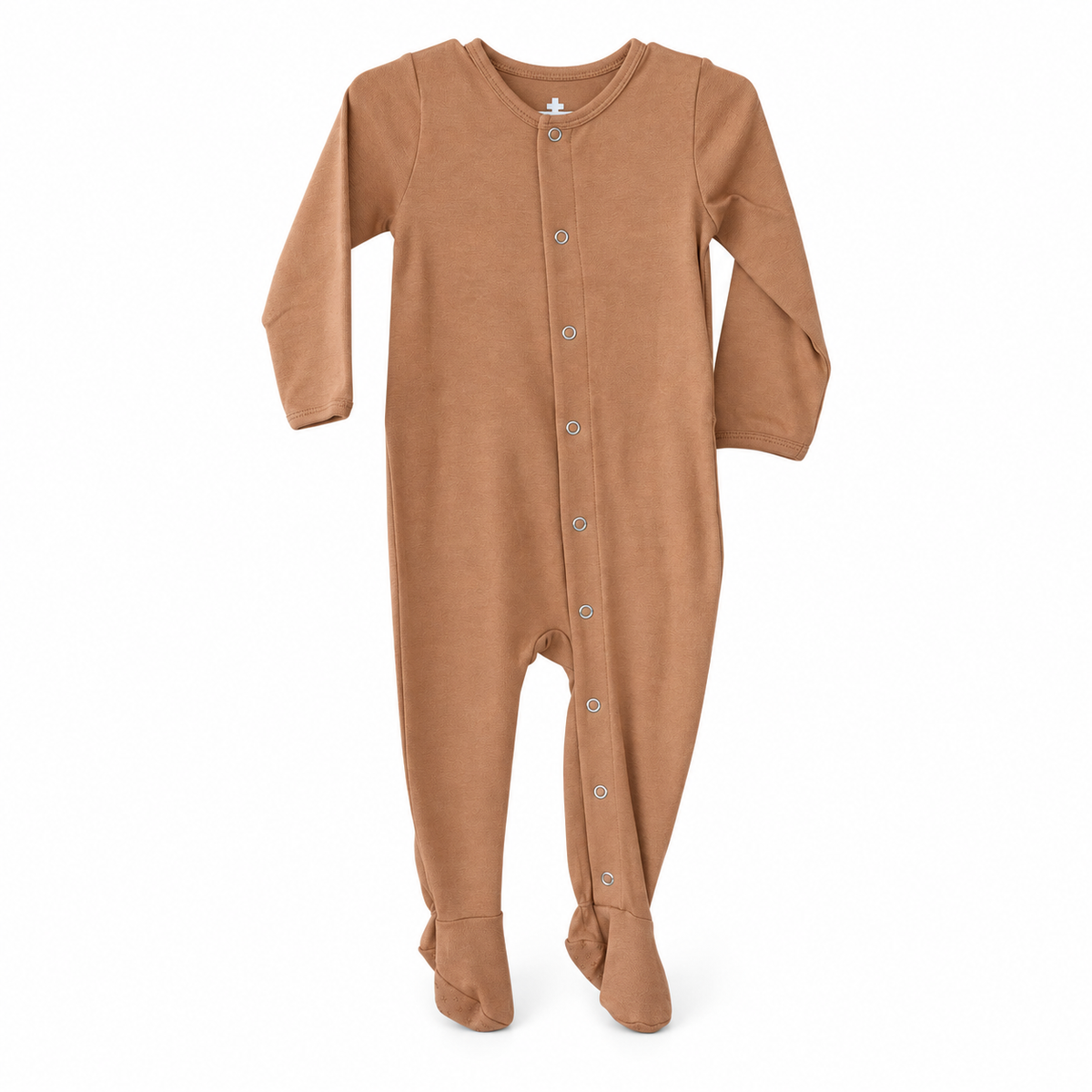 Modern Burlap organic Explorer baby footie in Ginger, full front studio view