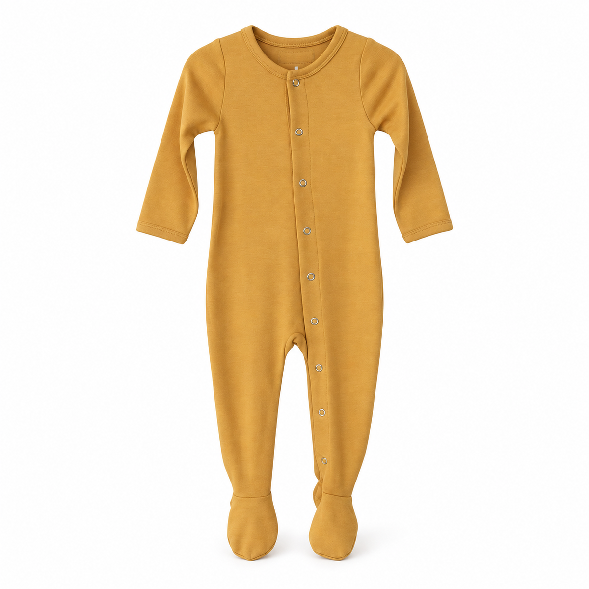 Modern Burlap organic Explorer baby footie in Honey, full front studio view