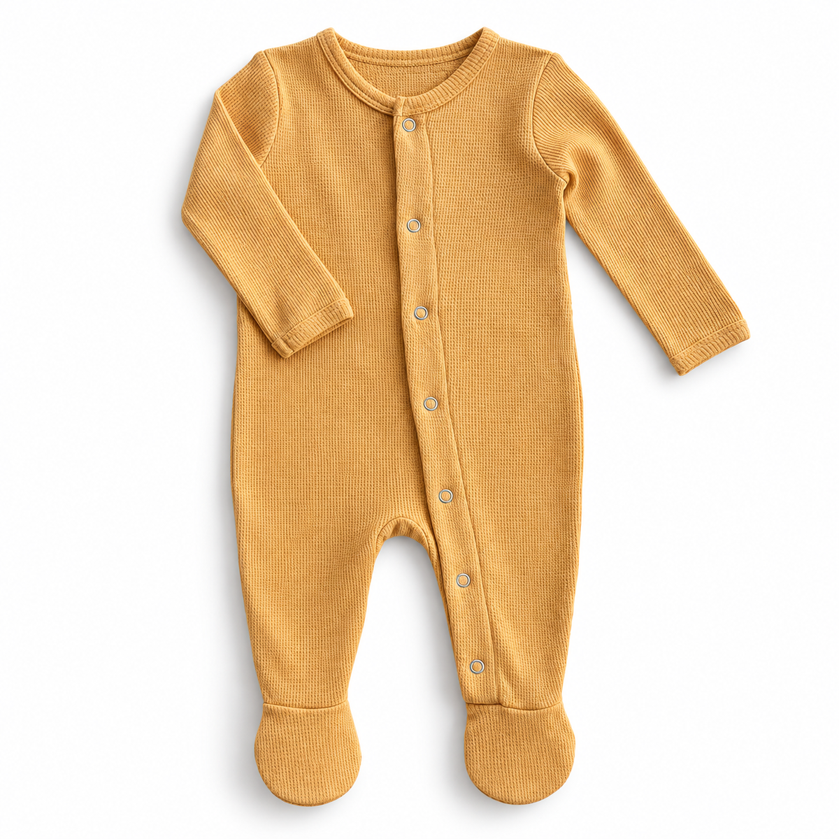 Modern Burlap organic thermal Explorer baby footie in Honey, full front studio view