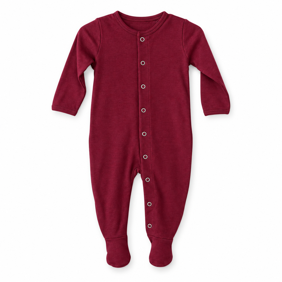 Modern Burlap organic Explorer baby footie in Maroon, full front studio view