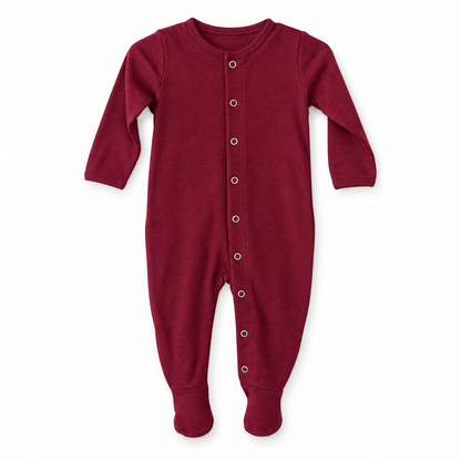 Modern Burlap organic Explorer baby footie in Maroon, full front studio view