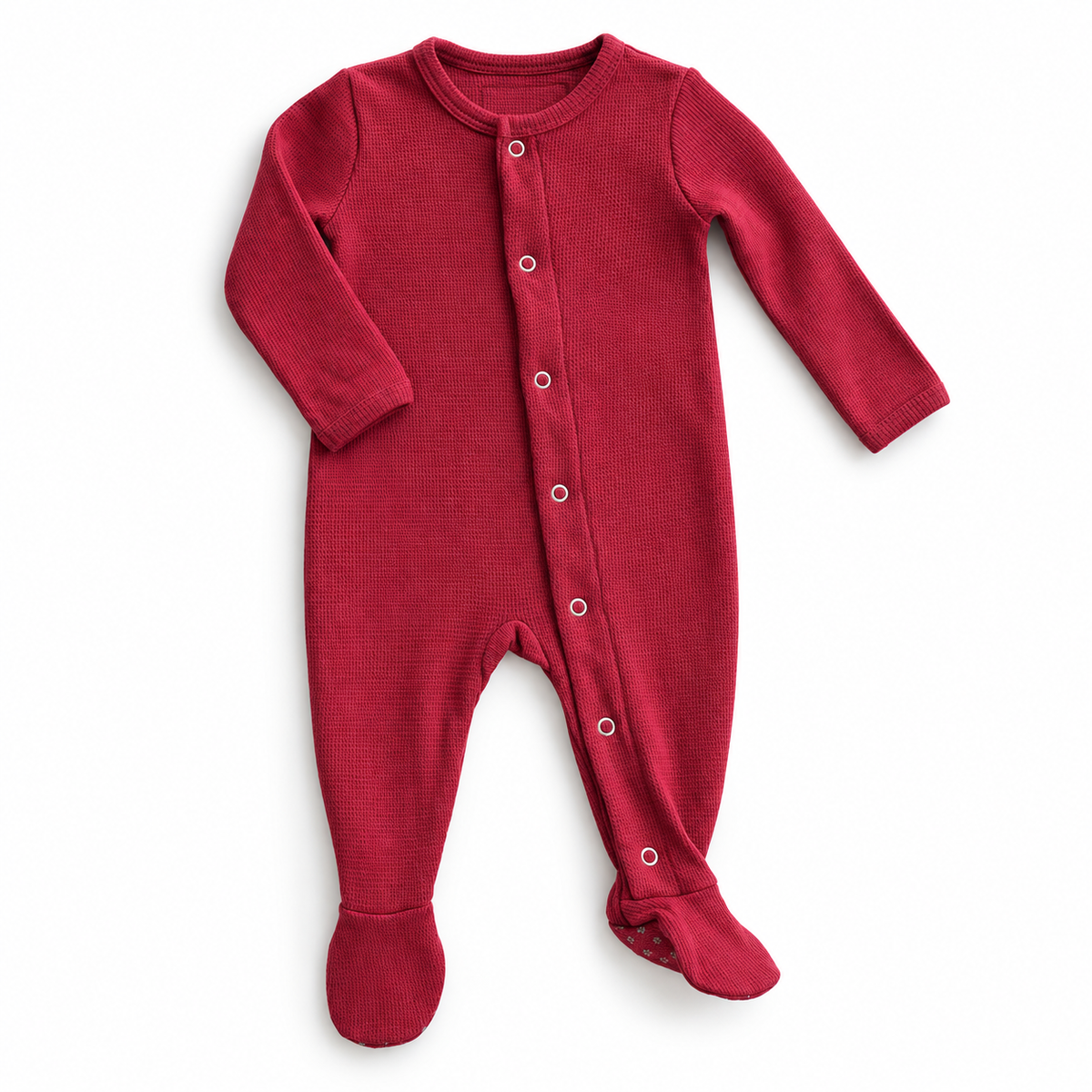 Modern Burlap organic thermal Explorer baby footie in Maroon, full front studio view