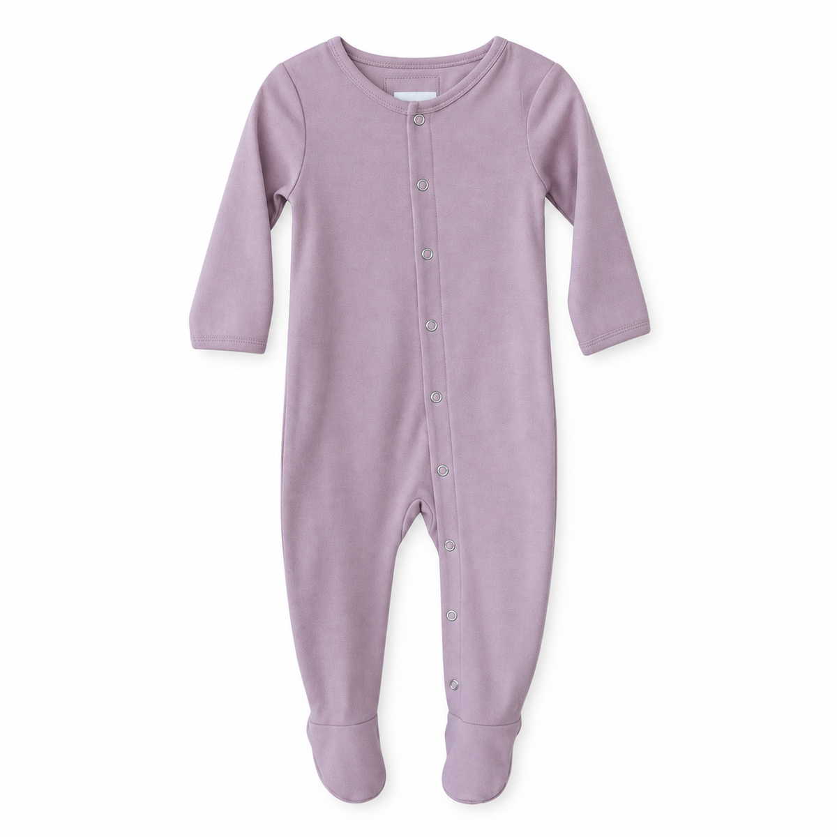 Modern Burlap organic Explorer baby footie in Mauve, full front studio view