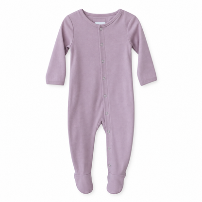 Modern Burlap organic Explorer baby footie in Mauve, full front studio view