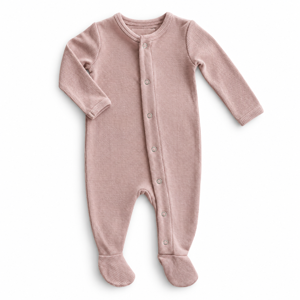 Modern Burlap organic thermal Explorer baby footie in Mauve, full front studio view