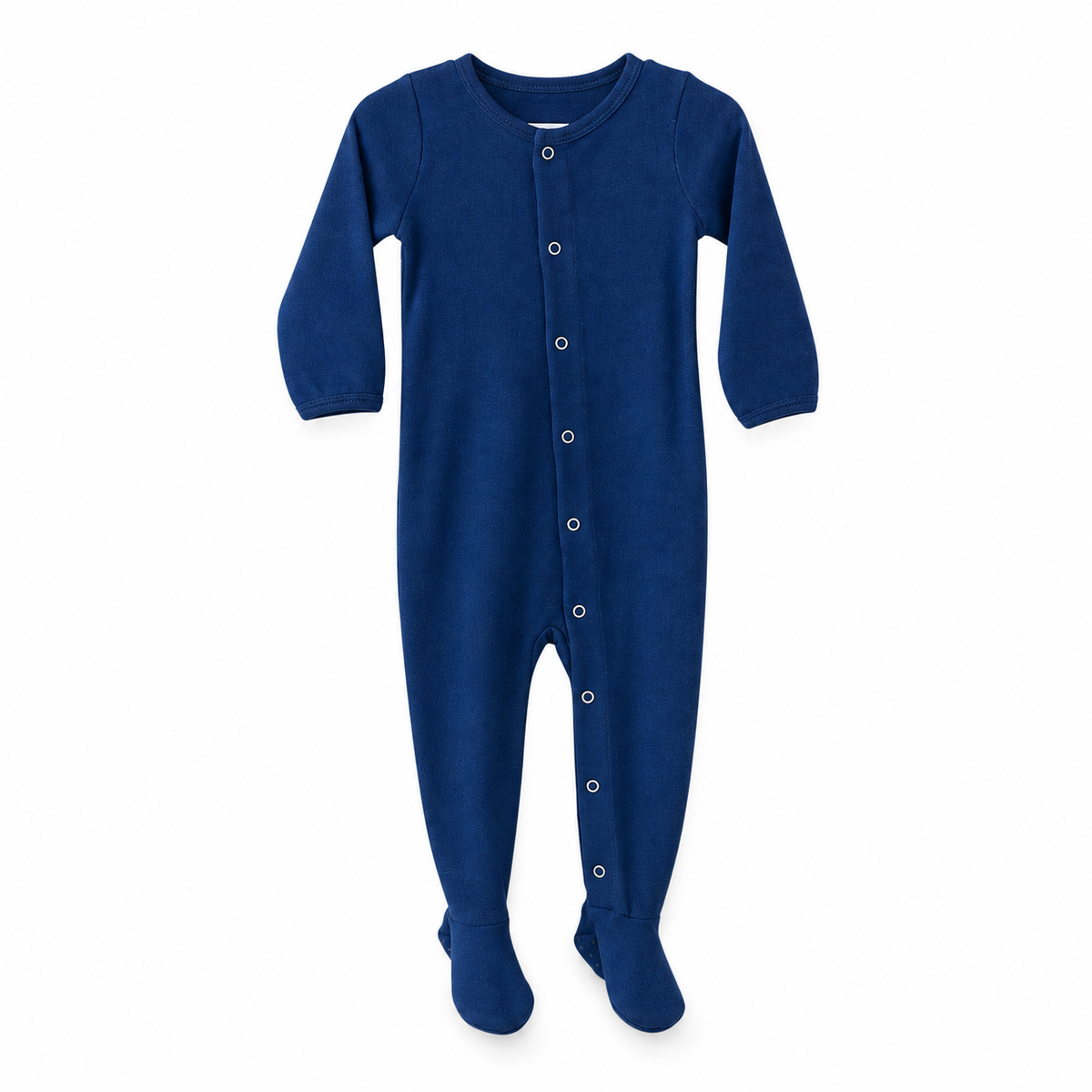 Modern Burlap organic Explorer baby footie in Navy Peony, full front studio view