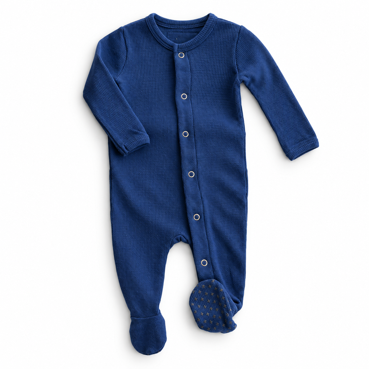 Modern Burlap organic thermal Explorer baby footie in Navy Peony, full front studio view