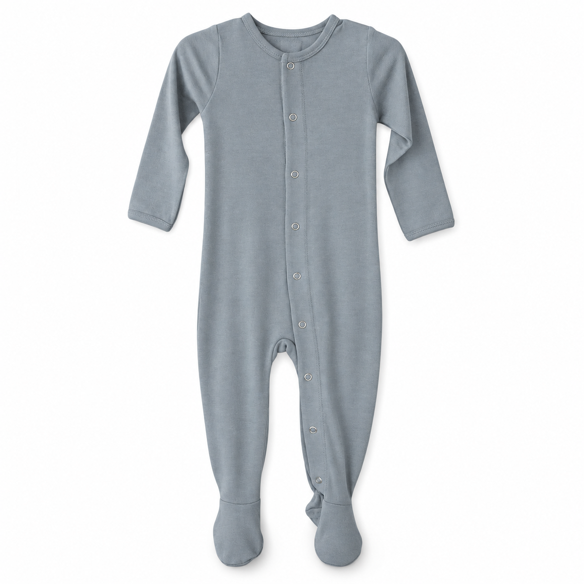 Modern Burlap organic Explorer baby footie in Neutral Gray, full front studio view