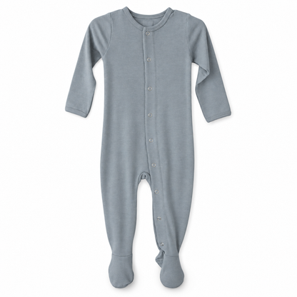 Modern Burlap organic Explorer baby footie in Neutral Gray, full front studio view