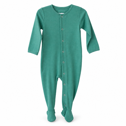 Modern Burlap organic Explorer baby footie in Pine Green, full front studio view