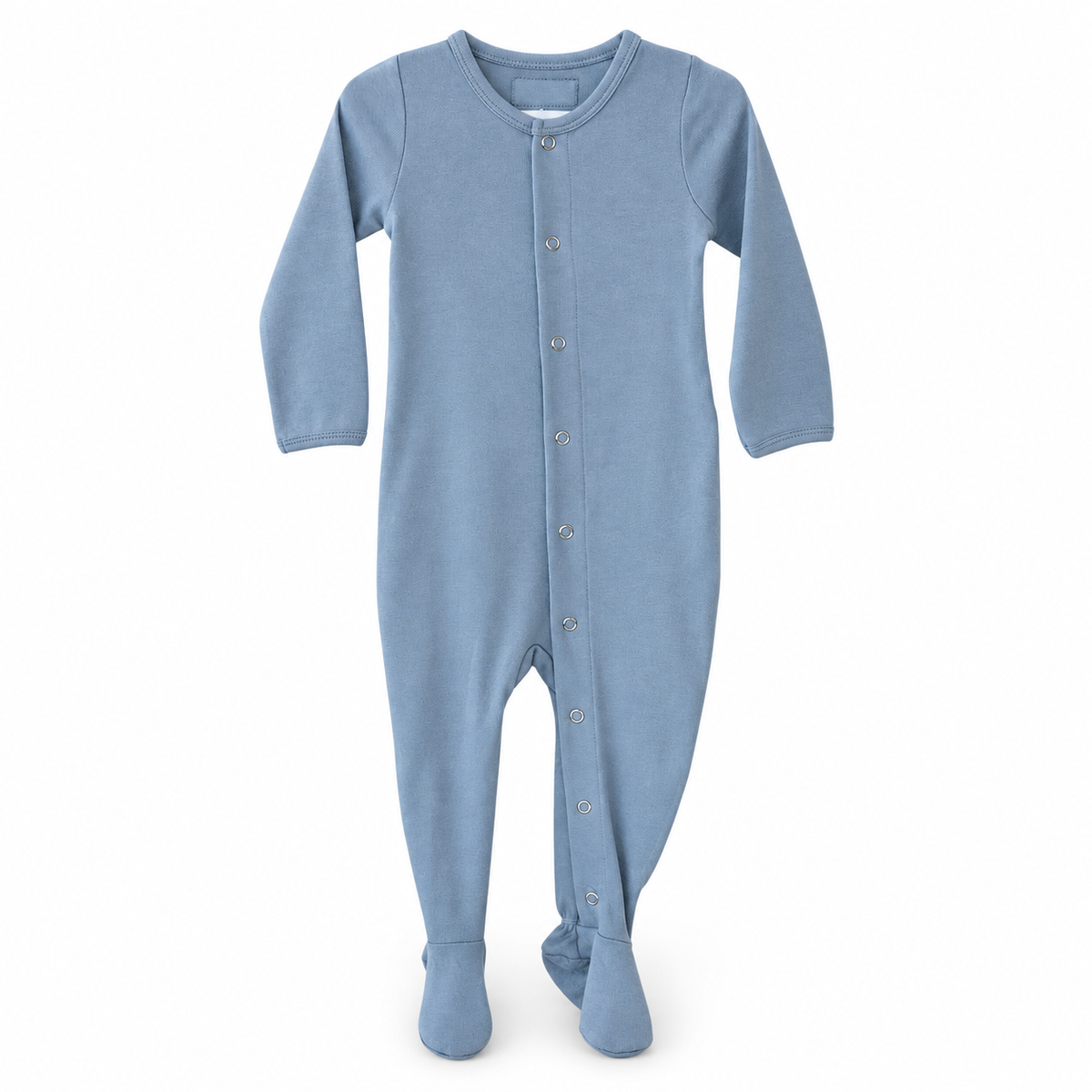 Modern Burlap organic Explorer baby footie in Tradewinds, full front studio view