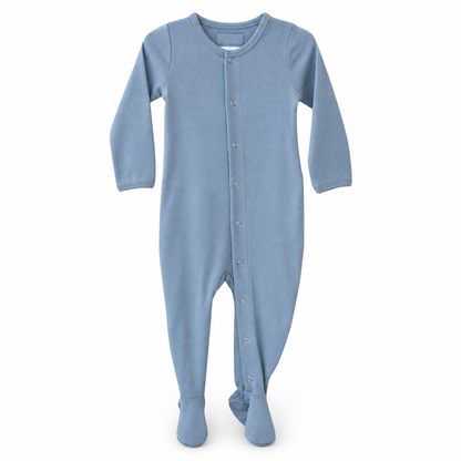 Modern Burlap organic Explorer baby footie in Tradewinds, full front studio view