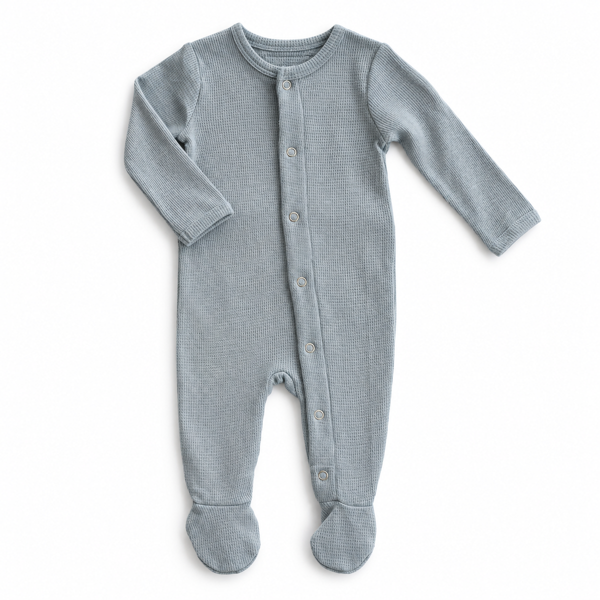 Modern Burlap organic thermal Explorer baby footie in Tradewinds, full front studio view
