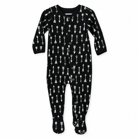 Modern Burlap organic Explorer baby footie in White on Black Arrows, full front studio view