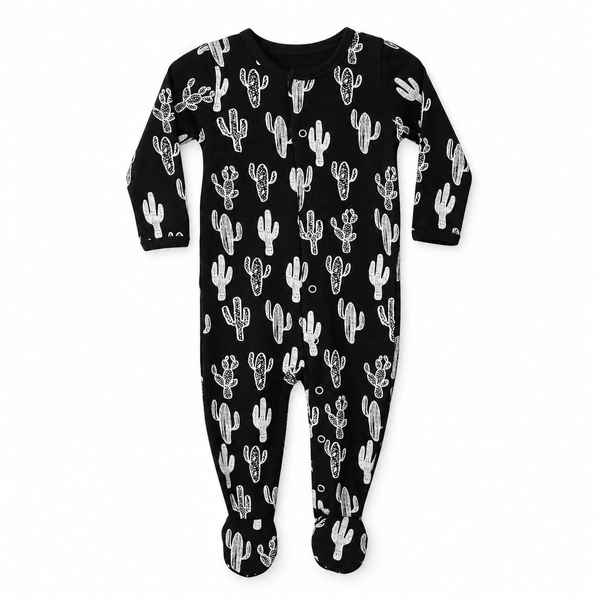 Modern Burlap organic Explorer baby footie in White on Black Cactus, full front studio view