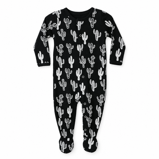Modern Burlap organic Explorer baby footie in White on Black Cactus, full front studio view