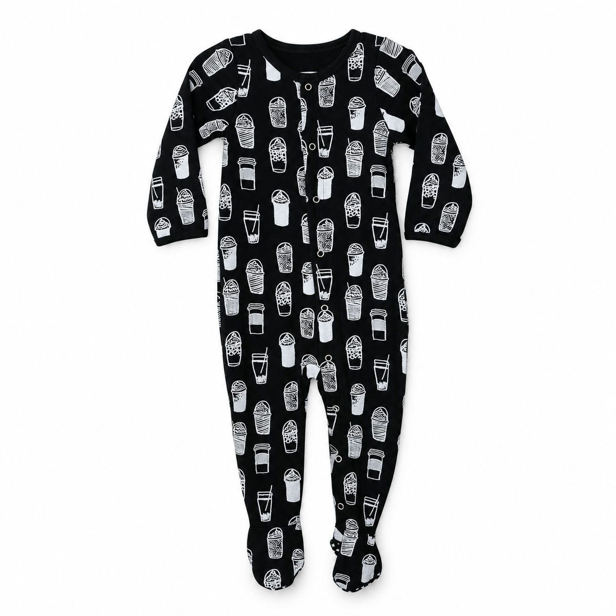 Modern Burlap organic Explorer baby footie in White on Black Coffee Love, full front studio view