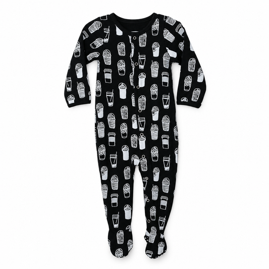 Modern Burlap organic Explorer baby footie in White on Black Coffee Love, full front studio view