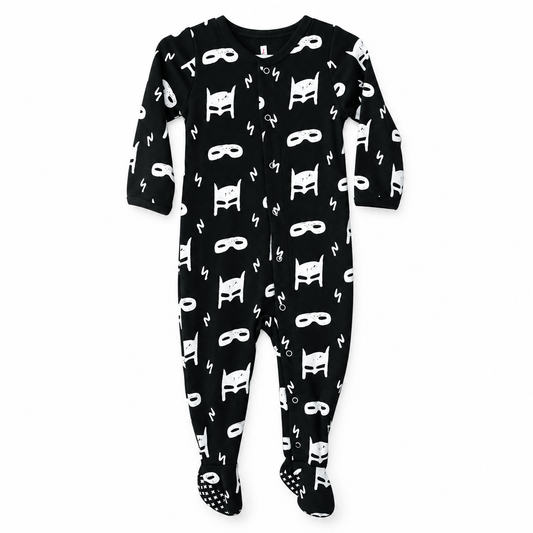 Modern Burlap organic Explorer baby footie in White on Black Hero Struck, full front studio view