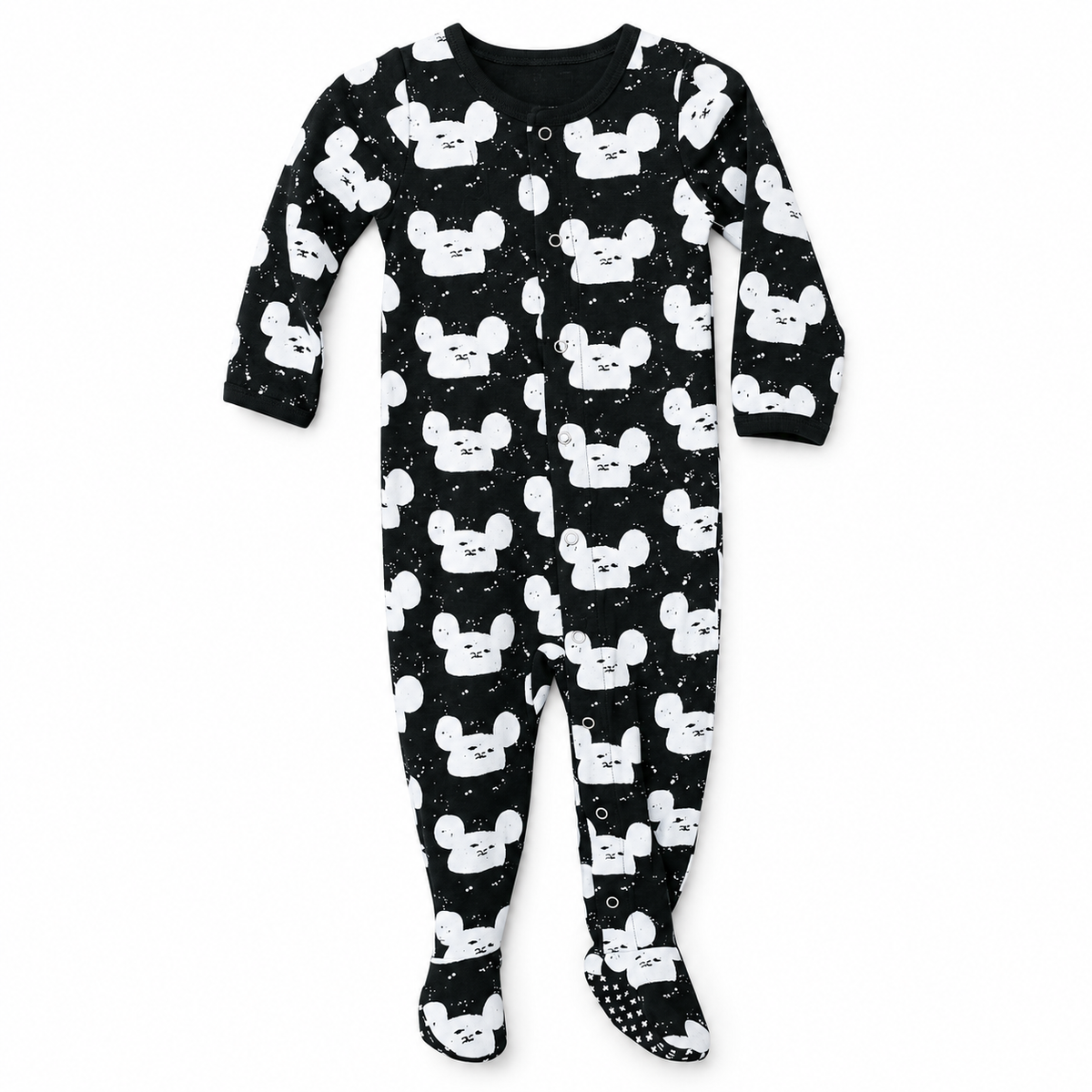 Modern Burlap organic Explorer baby footie in White on Black Modern Mouse, full front studio view