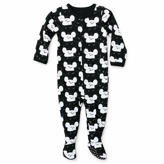 Modern Burlap organic Explorer baby footie in White on Black Modern Mouse, full front studio view