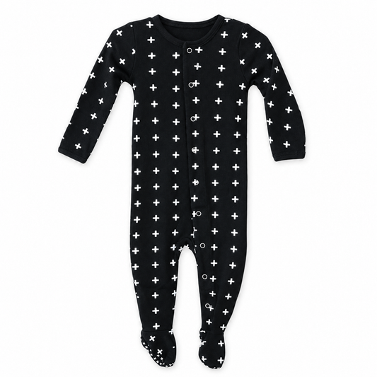 Modern Burlap organic Explorer baby footie in White on Black Swiss Cross, full front studio view