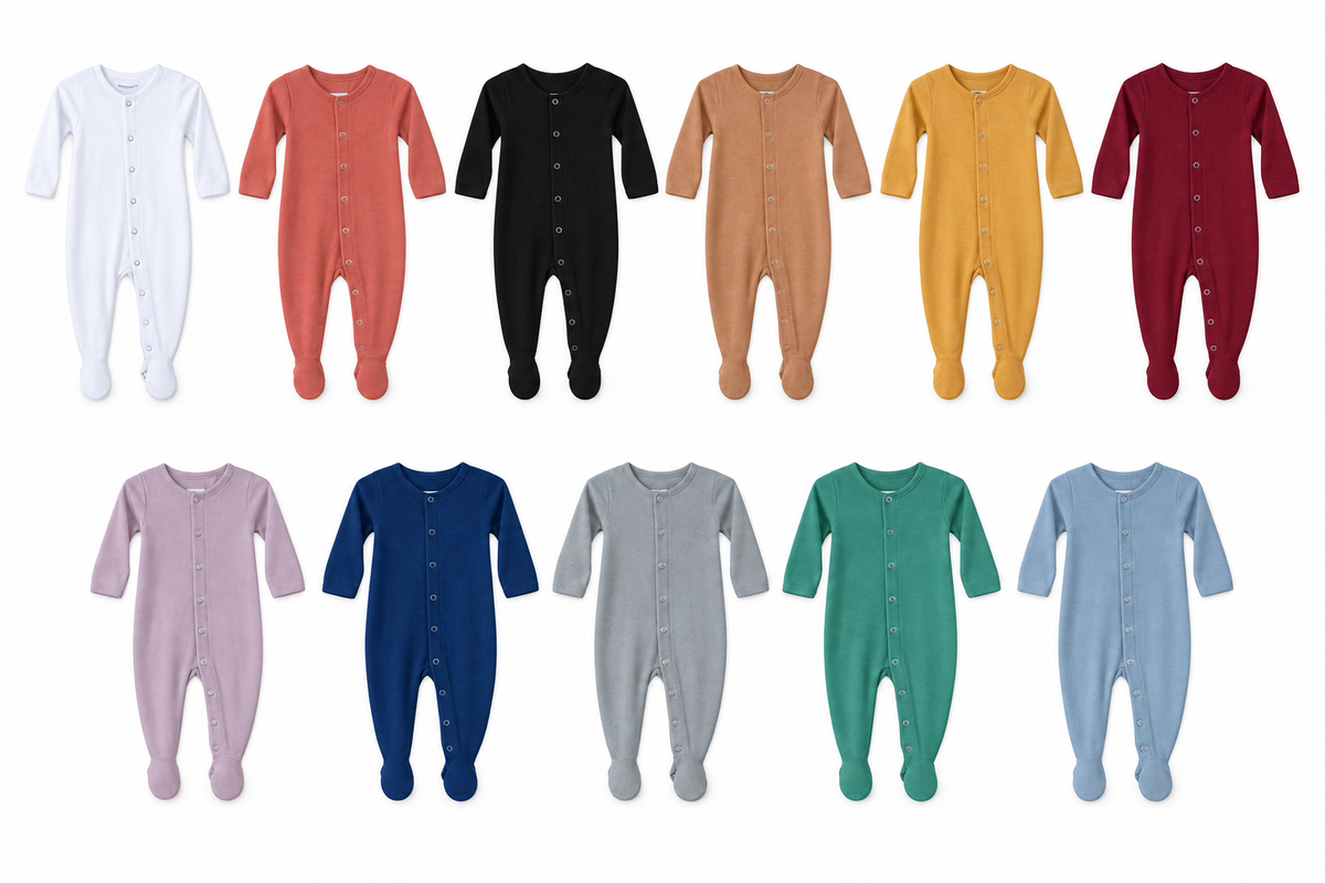 Modern Burlap organic Explorer Back footies in all eleven documented colors, arranged at matching scale on white