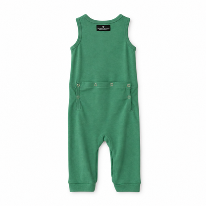 Pine Green organic tank Explorer Back jumpsuit, studio back view showing the six-snap drop-seat detail.